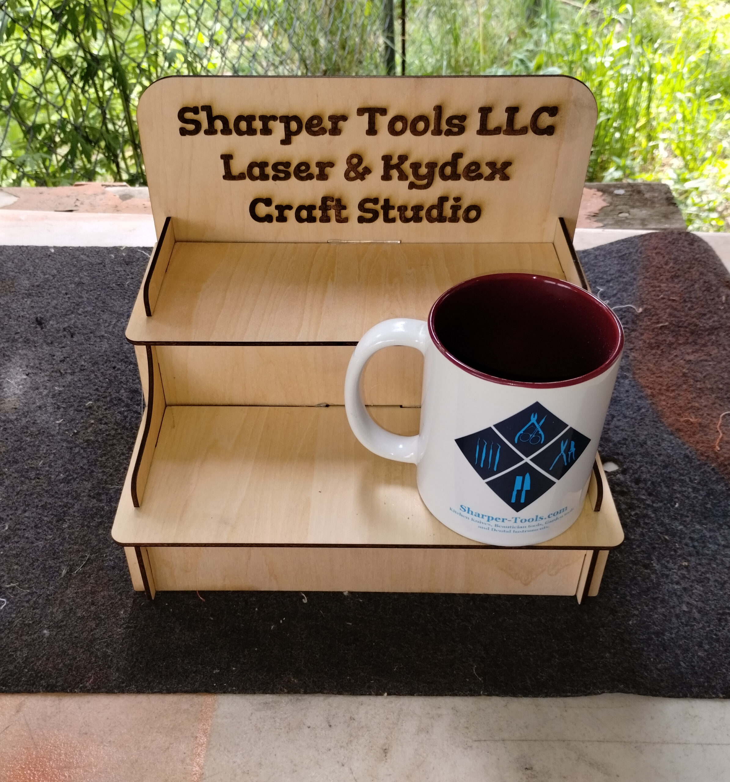 2 level laser cut display shelf with custom engraving