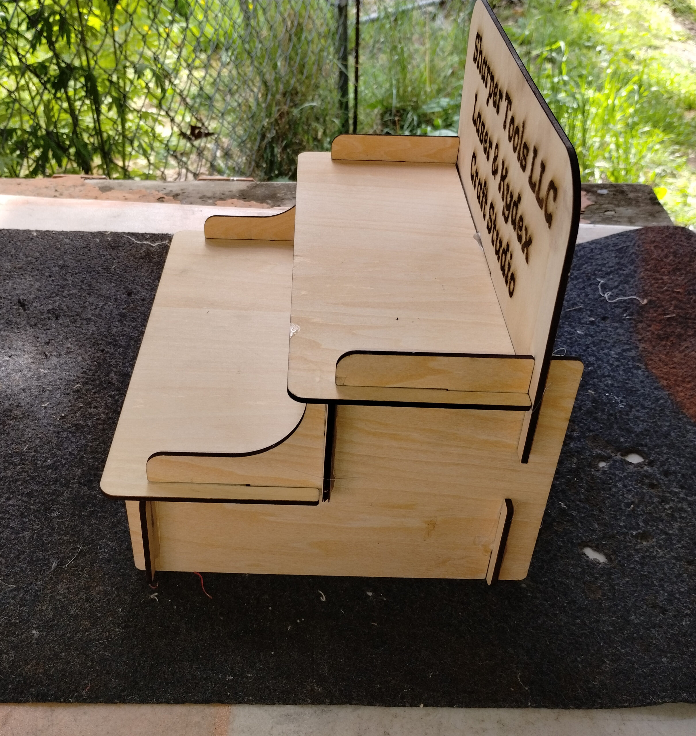 2 level laser cut display shelf with custom engraving