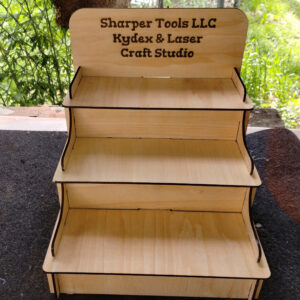 3 level laser cut display shelf with custom engraving