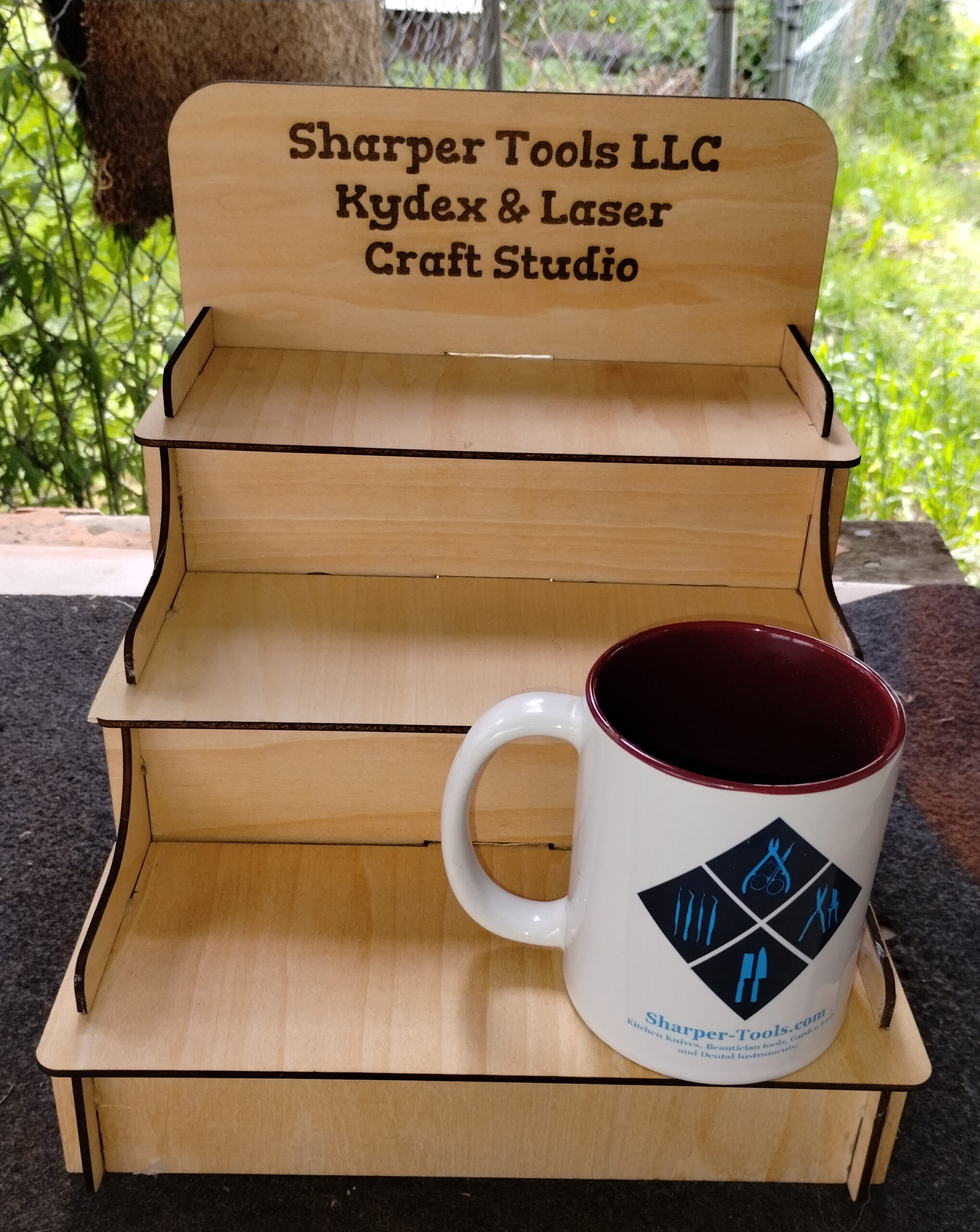3 level laser cut display shelf with custom engraving