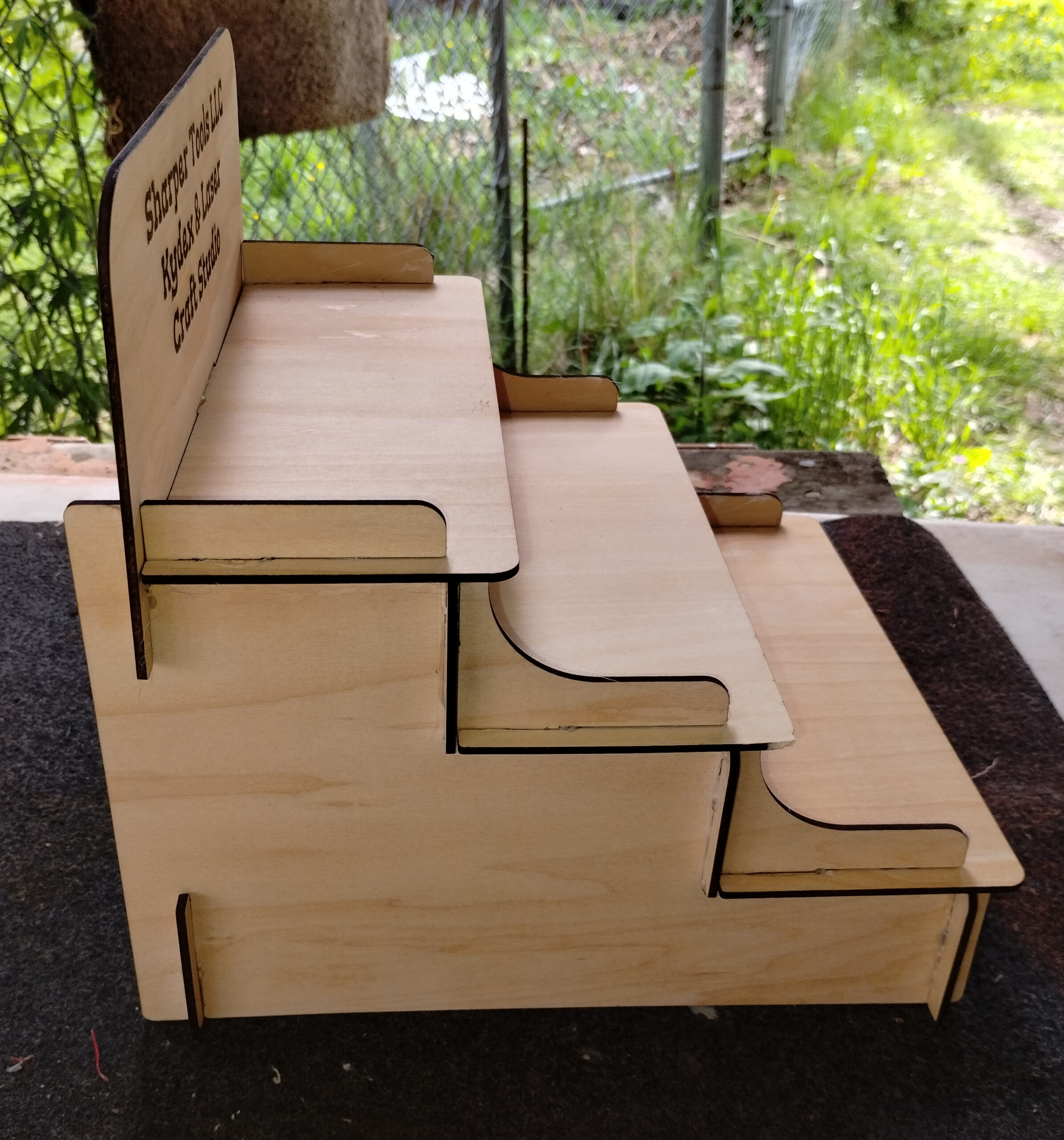 3 level laser cut display shelf with custom engraving